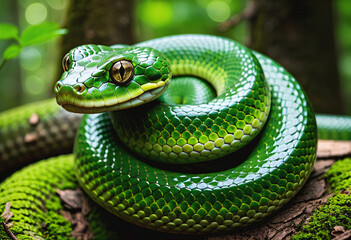 Fototapeta premium A green snake coiled up in the forest