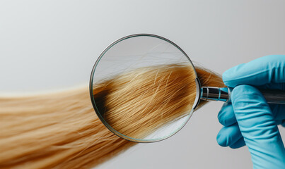 Close-up of blonde hair strands being examined by a trichologist through a magnifying glass. Hair care and treatment concept. Design for the healthcare and beauty industry.