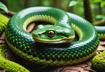 Fototapeta premium A green snake coiled up in the forest