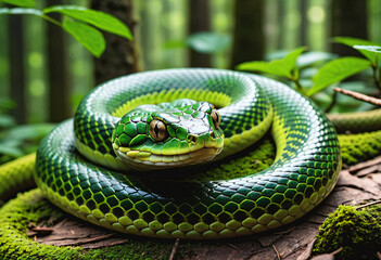 A green snake coiled up in the forest