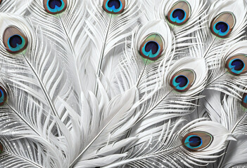 White peacock feathers lined up in the background