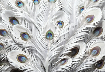 Obraz premium White peacock feathers lined up in the background