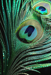 Obraz premium single green peacock feathers on a black background
