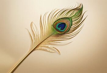 single peacock feathers on a golden background