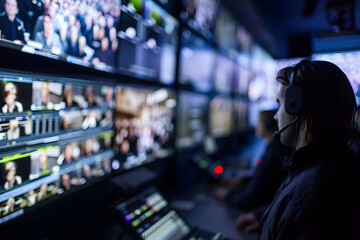 TV production team in the broadcast control room