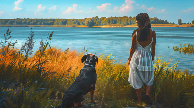 girl with dog play. person and pet together. little Jack Russell Terrier, Woman with her dog sitting and relaxing at lake. Happy to be together. Friendship between people and animals

