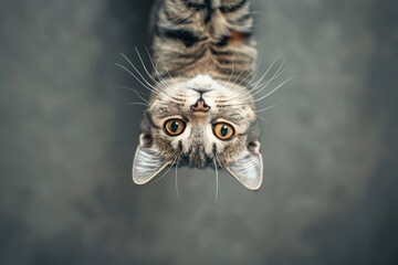 A curious cat dangling its head from above eyes wide with wonder and playful intent
