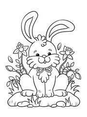 Cute bunny with spring flowers around - colouring page