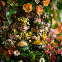 leprechauns with gold and flowers