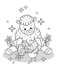 Cute sheep with easter eggs and small chick with spring flowers around - colouring page