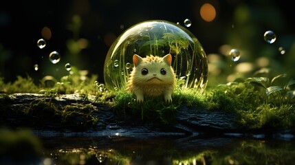 a green ball filled with water with bubbles inside a green grass, in the style of otherworldly creatures, cute and quirky, lush scenery, alien worlds, soft and dreamy depictions, wet-on-wet blending - obrazy, fototapety, plakaty