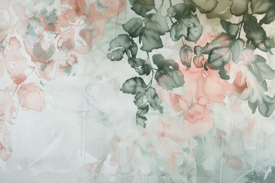 A background of soft pastel flowers and leaves, this backdrop offers a tranquil and decorative touch, blending seamlessly into modern home aesthetics or artistic designs, floral pastel muted art © Anna