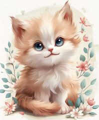 Adorable Illustrated Orange Kitten with Big Blue Eyes and Floral Background