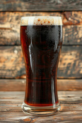 Glass  of dark beer on wooden background