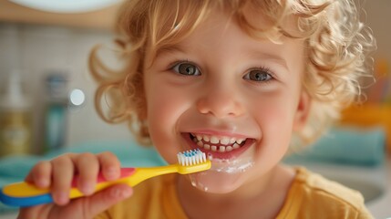 Happy toddler brushing teeth, promoting dental hygiene and health in early childhood