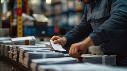 Man sorting paperwork in warehouse, concept of logistics, organization, and business operations