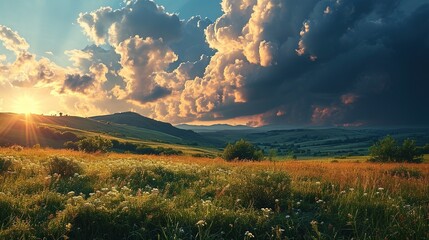 a green field with white clouds in the sky, in the style of dark purple and light orange, i can't believe how beautiful this is, spectacular backdrops, light navy and green, vibrant colorscape