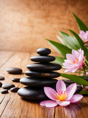 Obraz na płótnie Canvas zen basalt stones and pink flower on the wooden background, spa concept