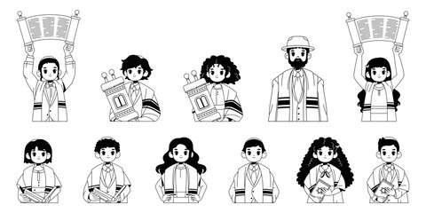 Vector Jewish Bar Mitzvah Bat Cartoon Characters Set Illustration Isolated