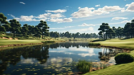 Obraz premium a green golf course with a pond surrounding it, in the style of light sky-blue and light indigo, art of the coast, serene and peaceful ambiance, sky-blue and brown