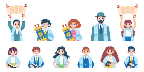 Fototapeta premium Vector Jewish Bar Mitzvah Bat Cartoon Characters Set Illustration Isolated