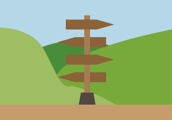 Paisaje de montaña con carteles de diferentes direcciones. 