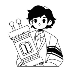 Vector Jewish Boy Holding Torah Scorll Cartoon Illustration Isolated