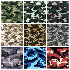 Set camouflage seamless pattern. MARPAT woodland military textile. Modern camo uniform for soldiers in the war. Multicolor militaristic wallpaper.