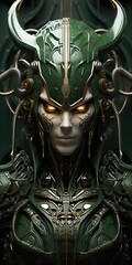 a green humanoid head with horns, in the style of unreal engine 5, mechanized abstraction, 32k uhd, changelingcore, anime, vray, celestialpunk