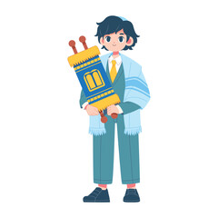 Vector Jewish Boy Holding Torah Scorll Cartoon Illustration Isolated