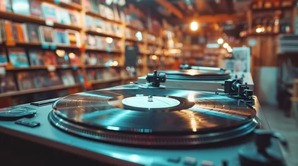 Cercles muraux Magasin de musique Close-up of a turntable in a vintage store with vinyl records, concept of music, retro, and entertainment