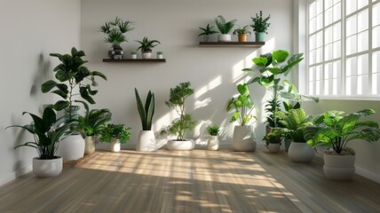 white room, light brown wood floor, green plants in new age pots, plants on a shelf, hyper realistic, cinematic