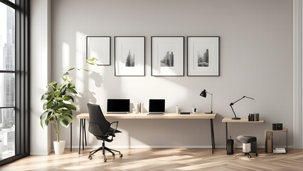Modern CBD office scene with modern design tables and chairs, blank photo frames hanging on the wall and space for text
