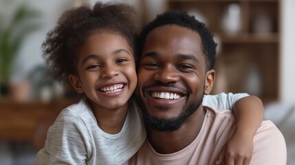 Smiling father and daughter embracing, showing a close bond, concept of family, love, and happiness at home