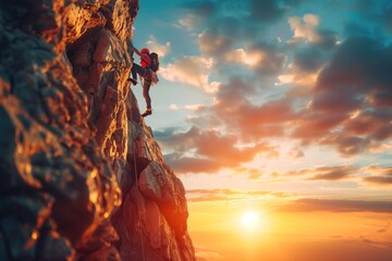 Adventurous person rock climbing at sunset, concept of challenge, adventure, and determination in nature
