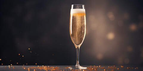 Glass of golden champagne on a dark background