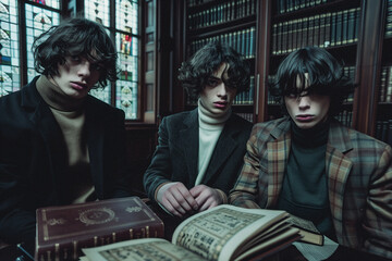three british students are sitting in the corner of a dark library combing through books