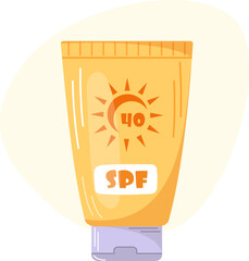 Closed tube of sunscreen. Cream with SPF blocks the sun's rays. Product for the “Summer Protection” set. Sun safety vector illustration.