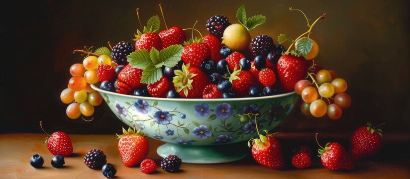 A colorful painting depicting a variety of ripe berries overflowing in a summer bowl placed on a wooden table. The rich hues of red, purple, and blue fruits stand out against the warm background.