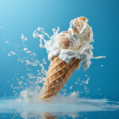 Highly Tempting Vanilla Ice cream cone Held Against Cool Blue Background Summertime Treat - obrazy, fototapety, plakaty