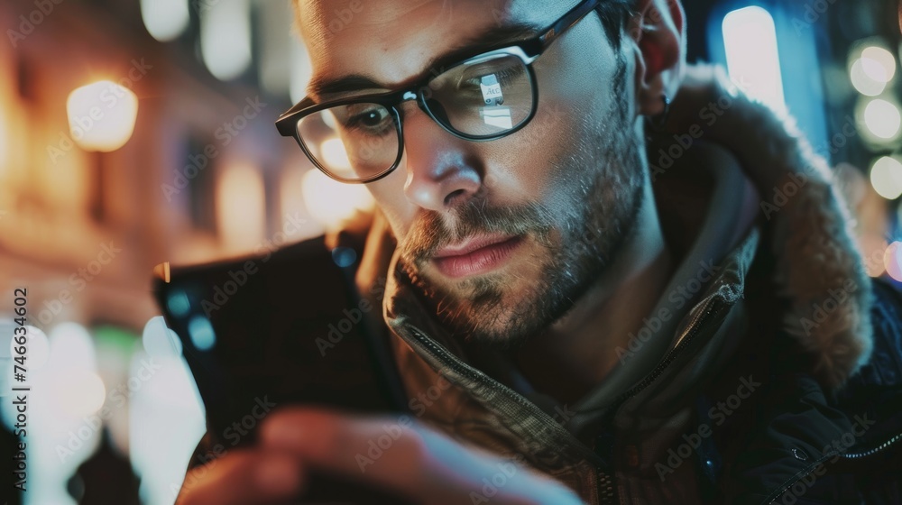 Aufkleber man using a mobile smart phone in close-up