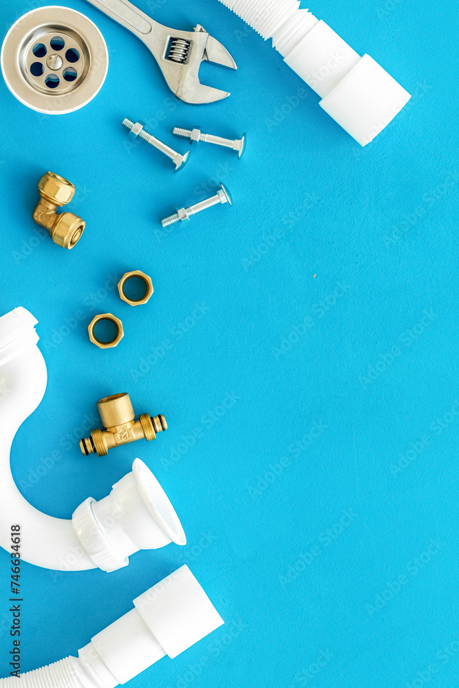 Poster Plumber work with instruments, tools and gear on blue background top view mockup