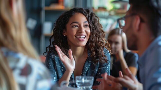 The young beautiful woman is gesturing and discussing something while her coworkers are listening to her at the office table.