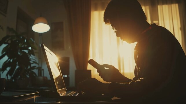 An image of a young man using a smart phone and notebook computer at home, hands using smart phone in interior, man using technology at his workplace, flares as the light is turned on.