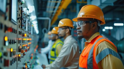 Electrical engineers in high visibility vests operating switchgear in a power plant, concept of industry, teamwork, and safety