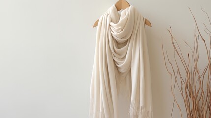 A crumpled pastel-colored fabric or a scarf or cape is hanging on a hanger