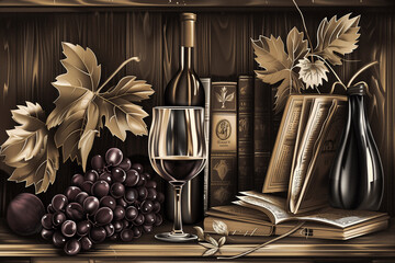 painted still-life of a bookshelf with leather bound books, dark red wine and wood texture