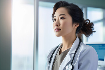Asian Doctor Contemplating in Modern Hospital - obrazy, fototapety, plakaty