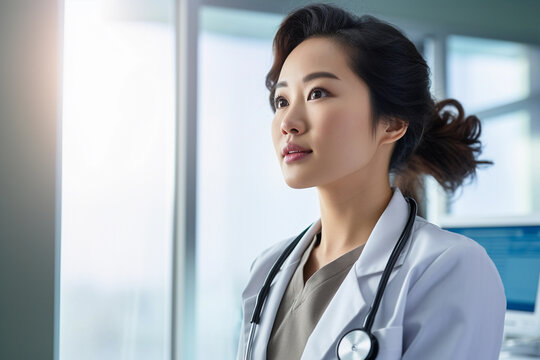 Asian Doctor Contemplating in Modern Hospital