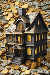 House Surrounded by Money and Gold Coins. Generative AI. - 746635411